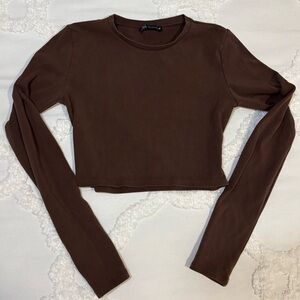 Zara Chocolate Brown Long Sleeve Crop Top